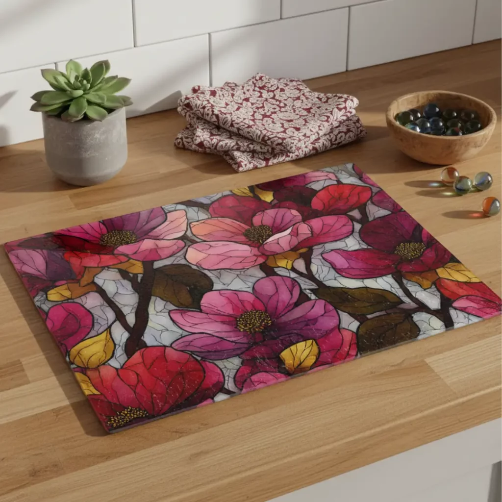 10Deep Pink Magnolia Stained-Glass Glass Chopping Board