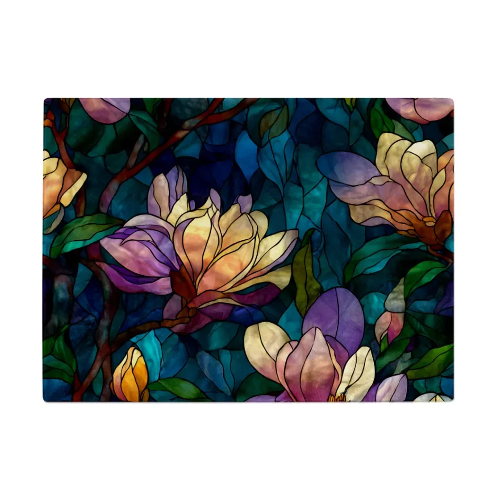 11Teal & Gold Magnolia Stained-Glass Glass Chopping Board