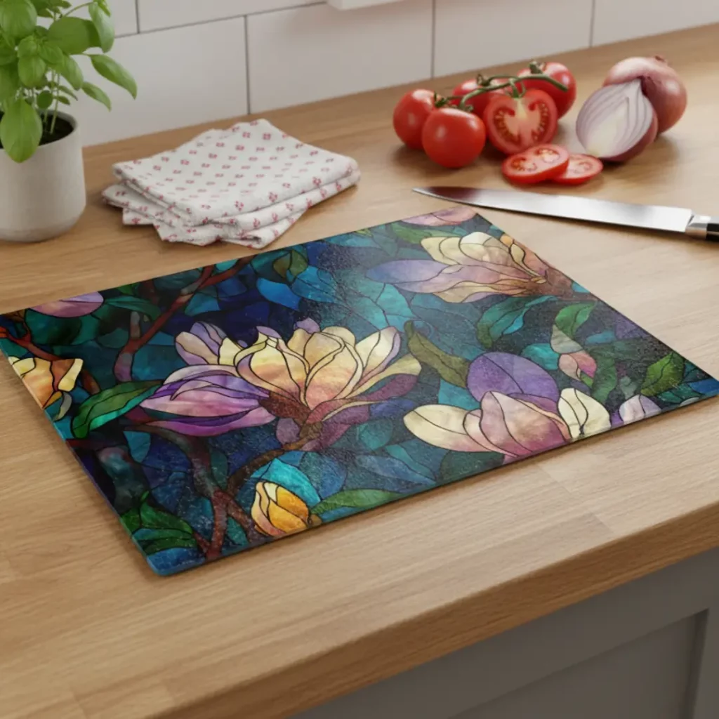 12Teal & Gold Magnolia Stained-Glass Glass Chopping Board