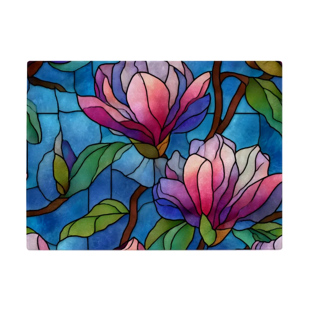 15Blue & Pink Magnolia Stained-Glass Glass Chopping Board