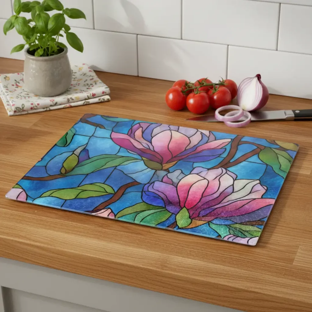 16Blue & Pink Magnolia Stained-Glass Glass Chopping Board