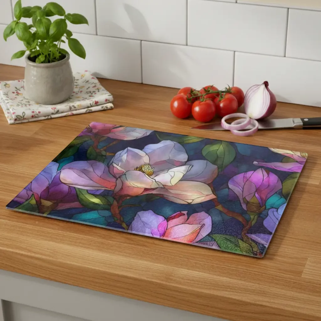 18Midnight Magnolia Stained-Glass Glass Chopping Board