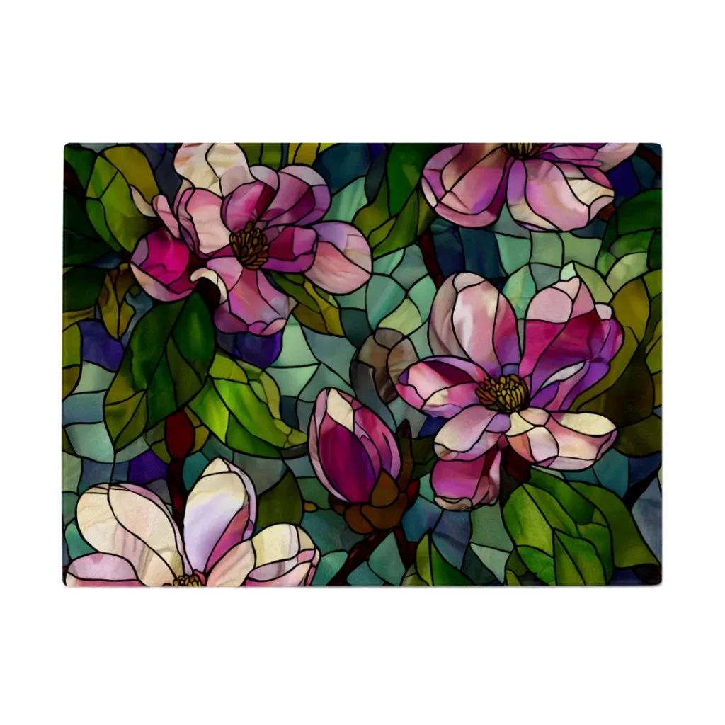 19Green & Pink Magnolia Stained-Glass Glass Chopping Board