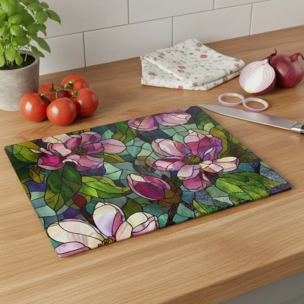 20Green & Pink Magnolia Stained-Glass Glass Chopping Board