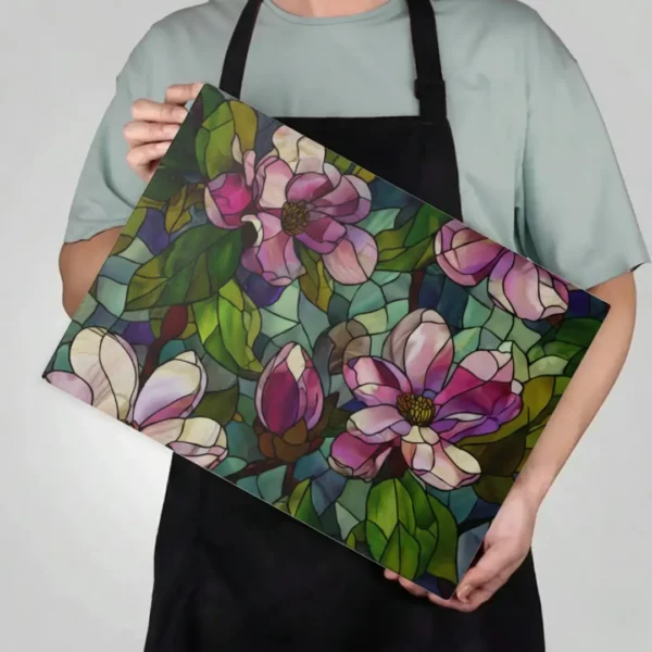 Green & Pink Magnolia Glass Chopping Board