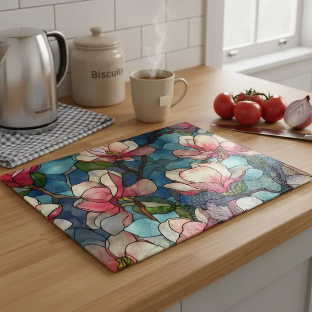 8Pink & Cream Magnolia Stained-Glass Glass Chopping Board